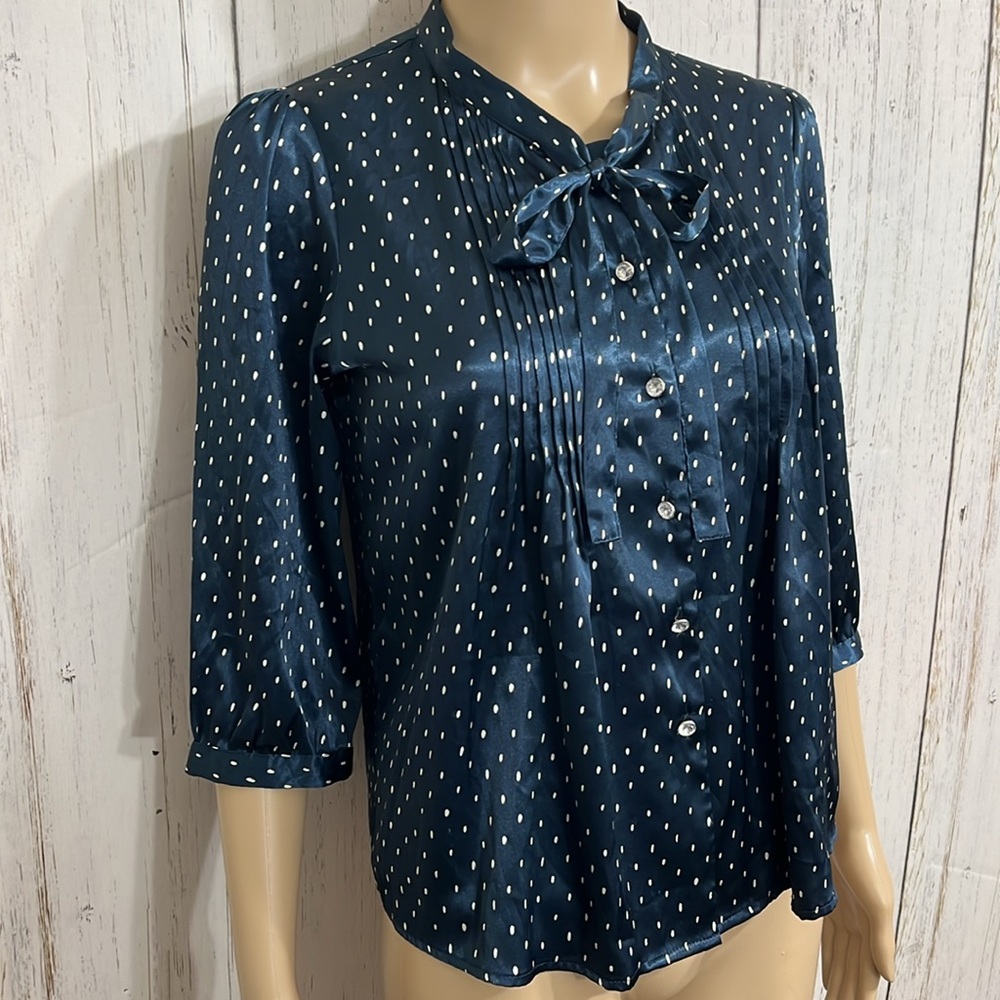 BCBGMaxAzria 3/4 Sleeves Tie at Neck Blouse Polka Dot Size Small